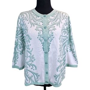 Bob Mackie Womens Cotton Cardigan Medium White Mint Green Artsy Elegant Casual